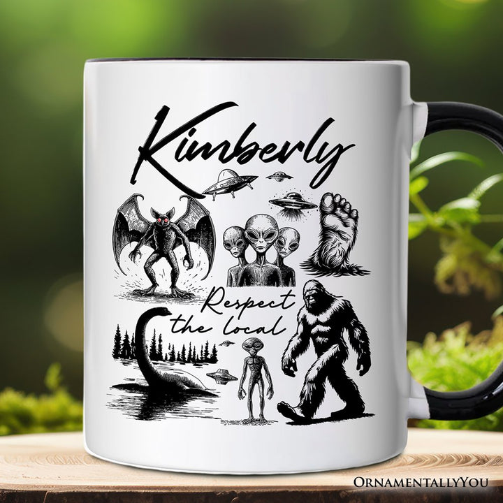 Respect The Local Cryptid Squad Personalized Mug, Funny Bigfoot Alien Mothman Meme Gift with Custom Name Personalized Ceramic Mug OrnamentallyYou Black Handle Customized 