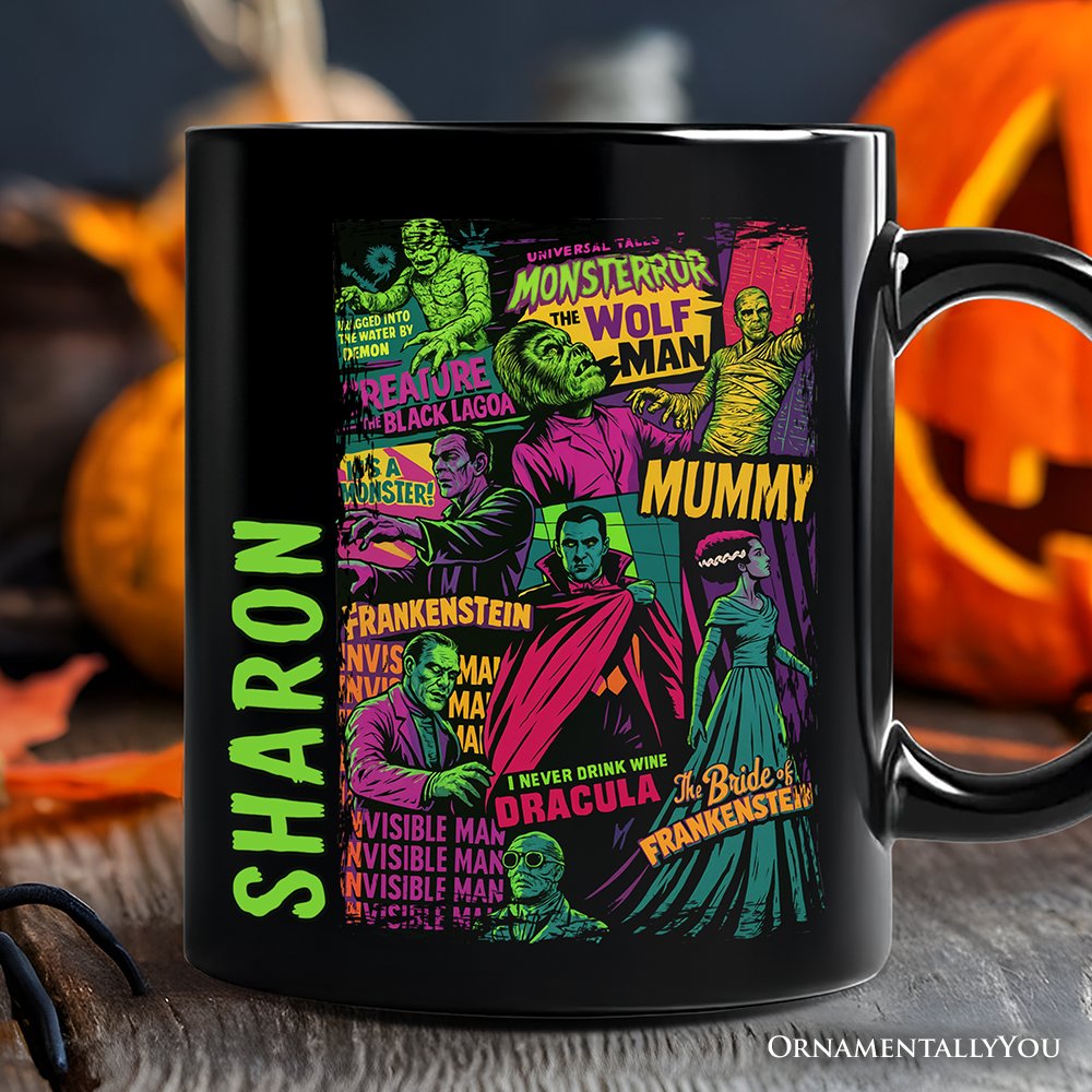 Horror Comic Classic Monsters Personalized Mug, Vintage Scary Halloween Gift with Custom Name Personalized Ceramic Mug OrnamentallyYou Black Customized 