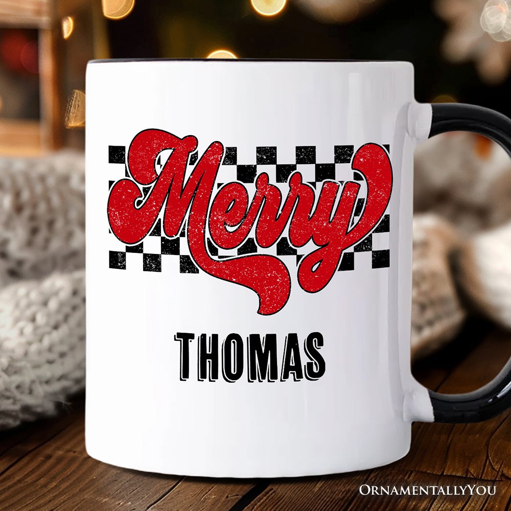 Merry Retro Personalized Mug, Christmas Checkered Gift with Custom Name Personalized Ceramic Mug OrnamentallyYou White - Black Customized 