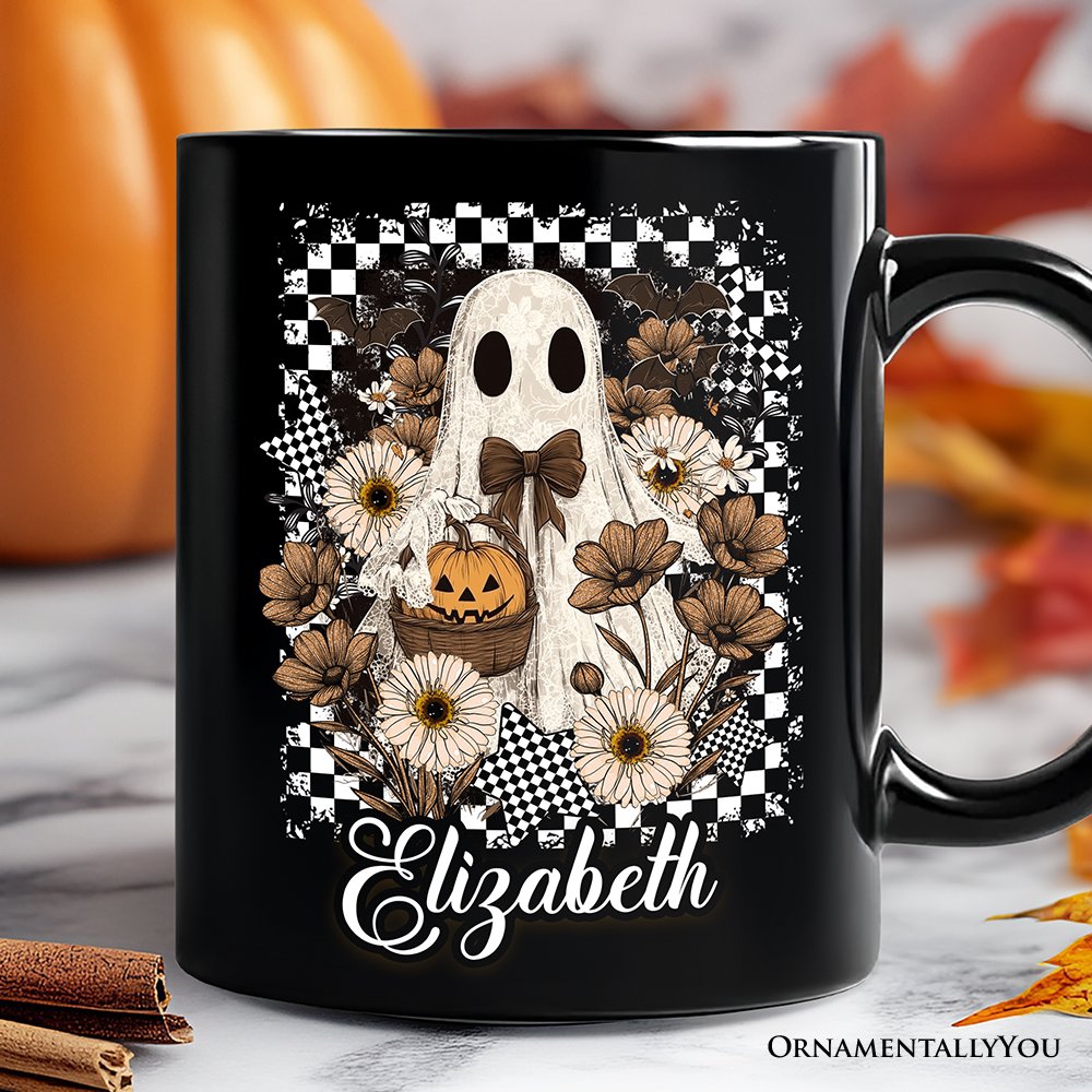 Retro Ghost Floral Halloween Personalized Mug, Spooky Vintage Checkered Gift with Custom Name Personalized Ceramic Mug OrnamentallyYou Black Customized 