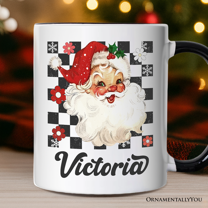 Checkered Santa Claus Vintage Personalized Mug, Retro Merry Christmas Gift with Custom Name