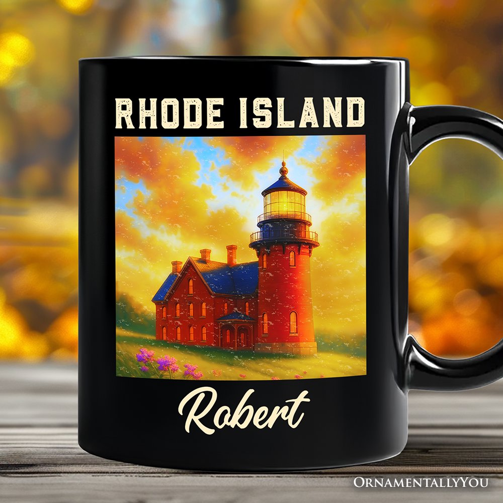 Charming Rhode Island State Southeast Lighthouse Personalized Mug, Block Island Coastal Landmark Gift and Seaside Souvenir with Custom Name Personalized Ceramic Mug OrnamentallyYou Black Customized 