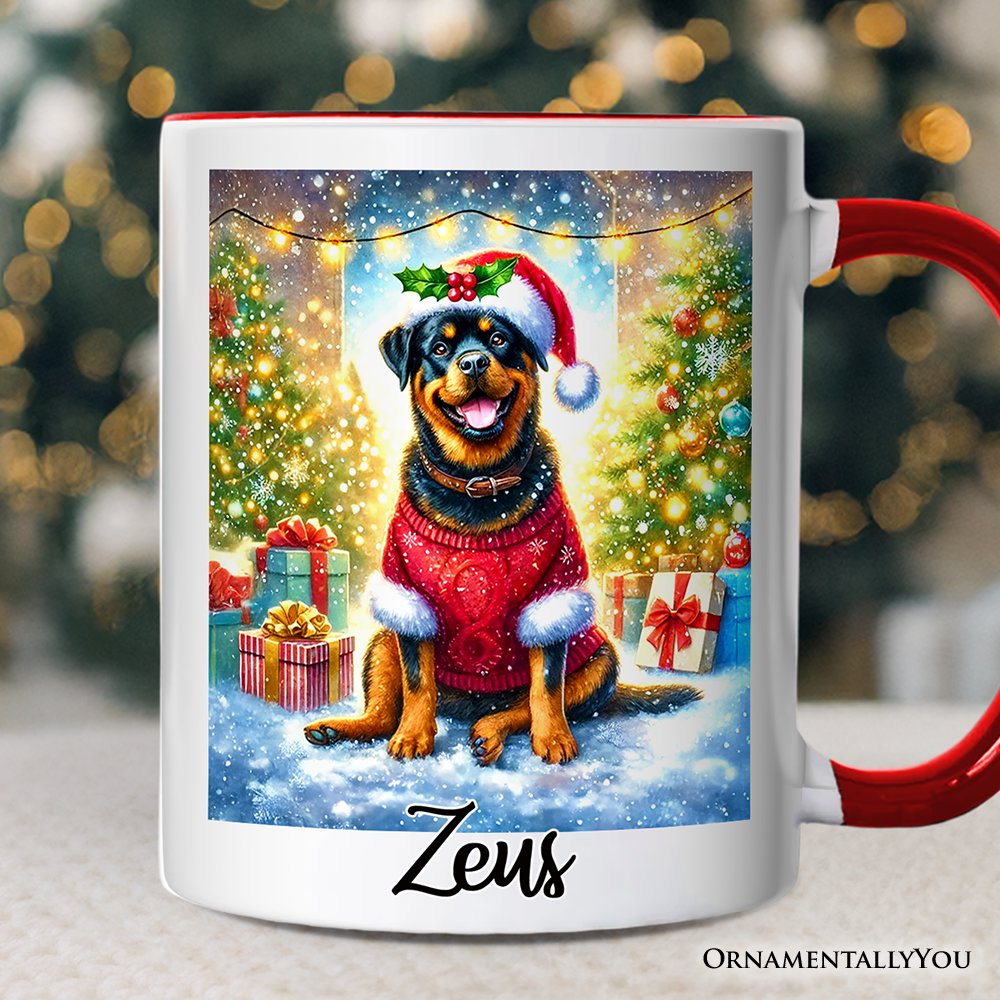 Charming Rottweiler in Festive Attire Personalized Mug, Heartwarming Dog-Themed Christmas Gift with Custom Name Personalized Ceramic Mug OrnamentallyYou White - Red Customized 