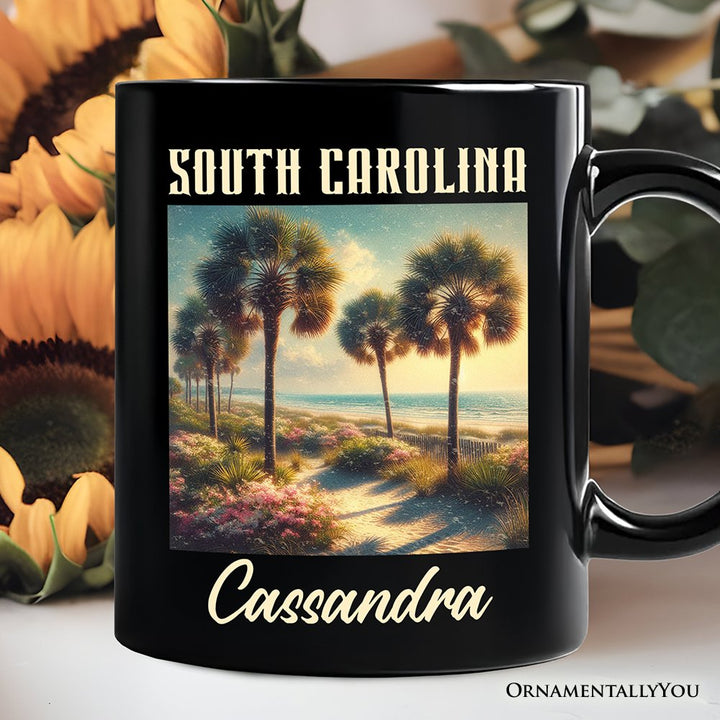 Serene South Carolina State Palmetto Beach Scene Personalized Mug, Coastal Gift and Tropical Keepsake Souvenir with Custom Name Personalized Ceramic Mug OrnamentallyYou Black Customized 