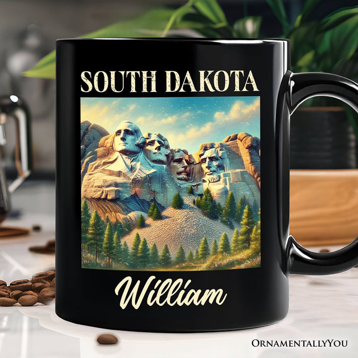 Majestic South Dakota State Mount Rushmore Personalized Mug, Historic American Monument Travel Gift and Keepsake Souvenir with Custom Name Personalized Ceramic Mug OrnamentallyYou Black Customized 