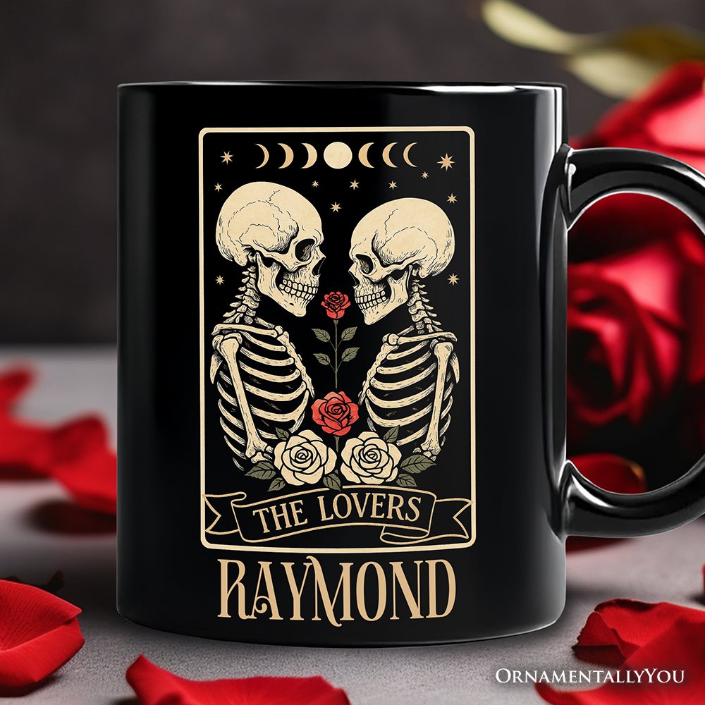 Skeleton The Lovers Personalized Mug, Tarot Card Gothic Moon Phases Rose Gift with Custom Name Personalized Ceramic Mug OrnamentallyYou Black Customized 