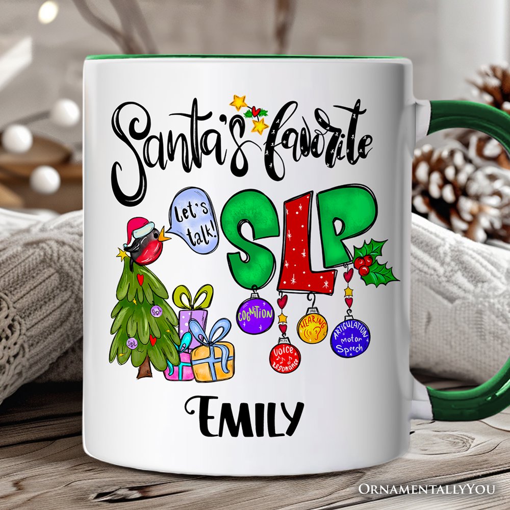 Santa’s Favorite SLP Christmas Personalized Mug, Gift for Speech Therapist and Language Pathologist with Custom Name Personalized Ceramic Mug OrnamentallyYou White - Green Customized 