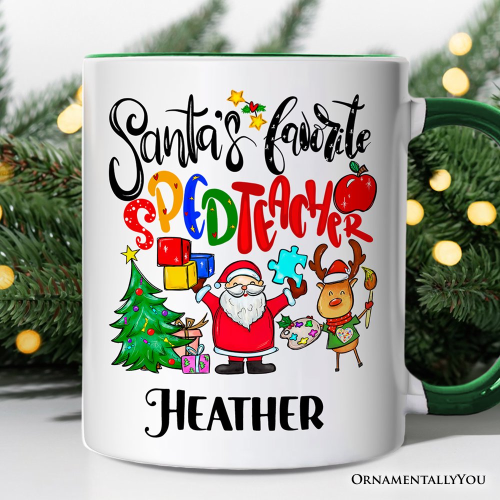Santa’s Favorite Special Education Teacher Personalized Mug, Children with Autism Christmas Gift with Custom Name Personalized Ceramic Mug OrnamentallyYou White - Green Customized 