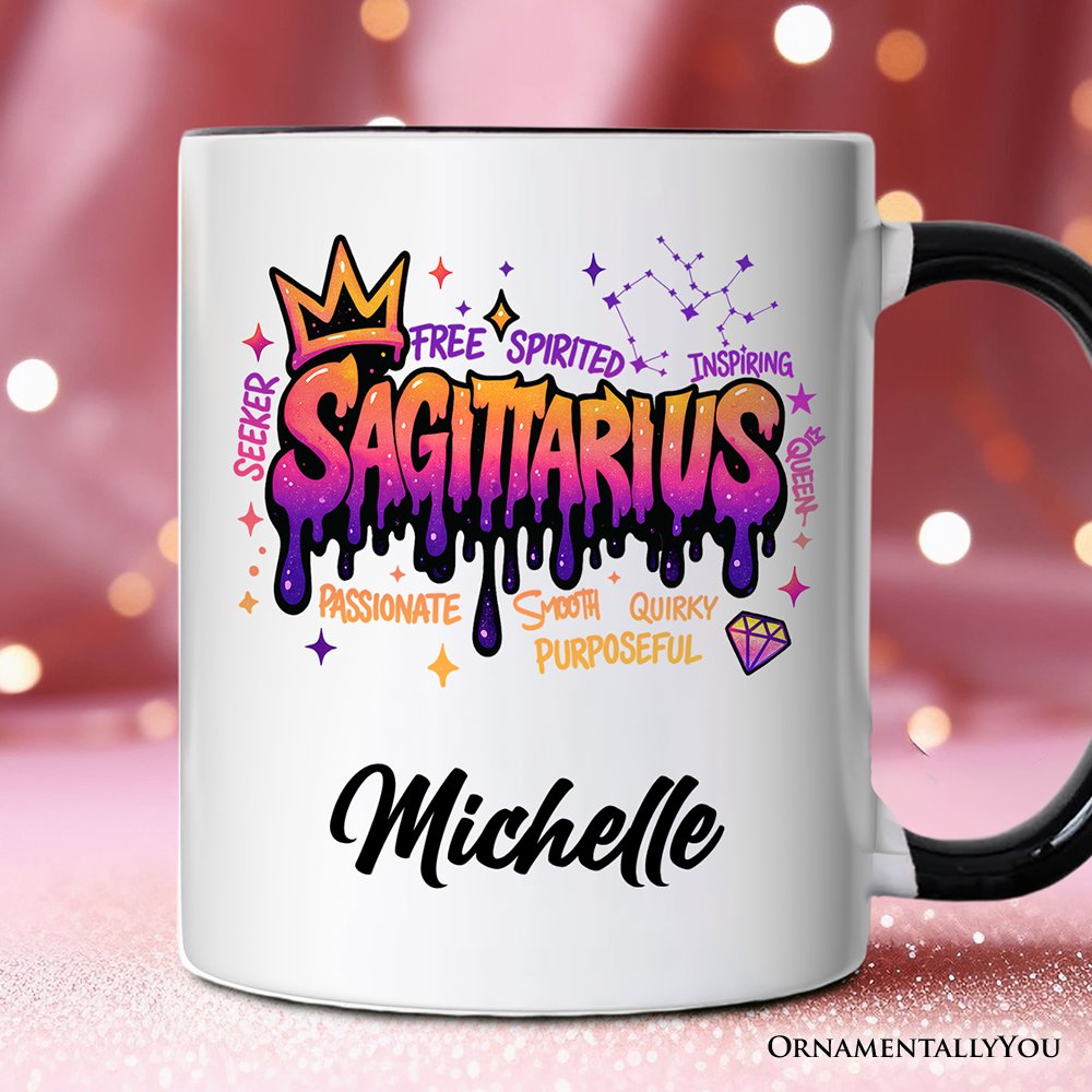 Sagittarius Graffiti Zodiac Personalized Mug, Street Style Astrology Horoscope Gift with Custom Name Personalized Ceramic Mug OrnamentallyYou Black Handle Customized 