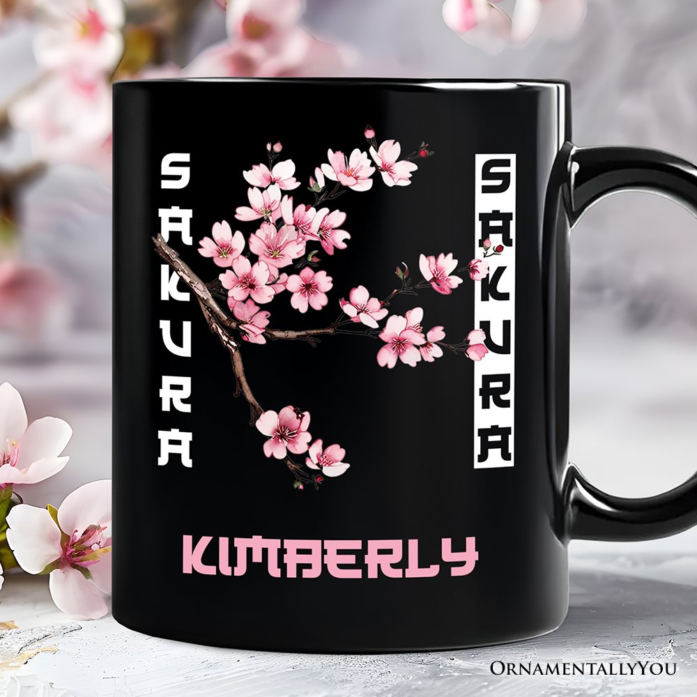 Sakura Cherry Blossom Personalized Mug, Vintage Japanese Spring Floral Gift with Custom Name Personalized Ceramic Mug OrnamentallyYou White - Black Customized 