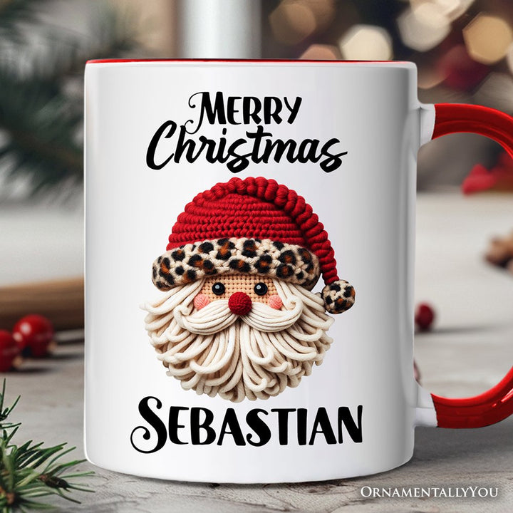 Santa Leopard Hat Christmas Personalized Mug, Imitation Latch Hook Yarn Cozy Gift with Custom Name Personalized Ceramic Mug OrnamentallyYou White - Red Customized 