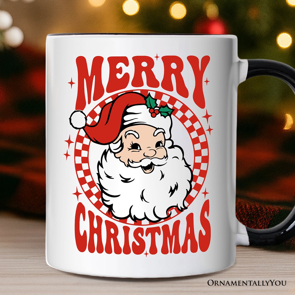 Merry Christmas Santa Personalized Mug, Retro Red Checkered Holiday Gift with Custom Name Personalized Ceramic Mug OrnamentallyYou White - Black Non-Custom 