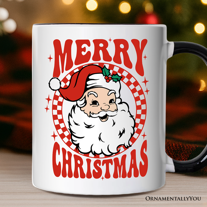 Merry Christmas Santa Personalized Mug, Retro Red Checkered Holiday Gift with Custom Name