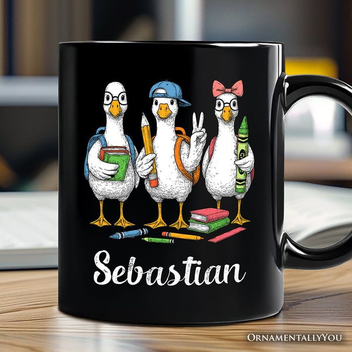 Goose Back to School Personalized Mug, Cute Teacher Student Classroom Gift with Custom Name Personalized Ceramic Mug OrnamentallyYou Black Customized 