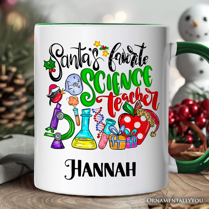 Santa’s Favorite Science Teacher Christmas Personalized Mug, Chemistry, Physics and Biology Gift with Custom Name Personalized Ceramic Mug OrnamentallyYou White - Green Customized 