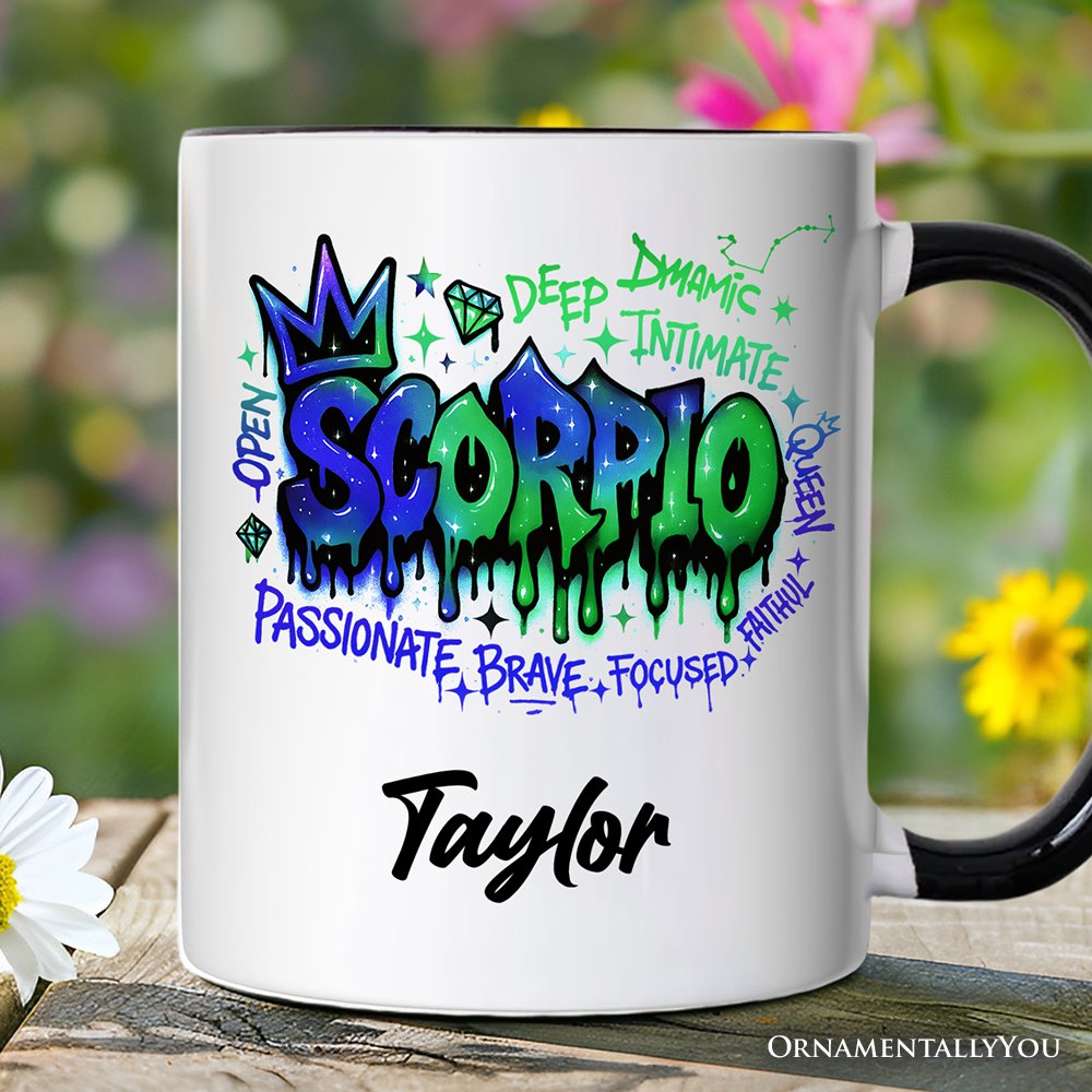 Scorpio Graffiti Zodiac Personalized Mug, Street Style Astrology Horoscope Gift with Custom Name Personalized Ceramic Mug OrnamentallyYou Black Handle Customized 