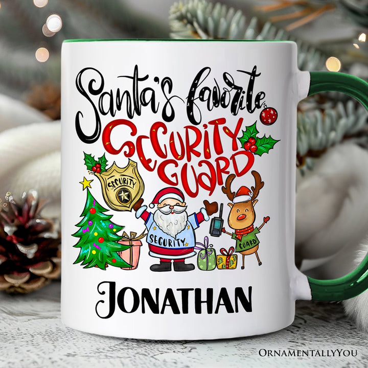 Santa's Favorite Security Guard Personalized Mug, Appreciation Christmas Gift with Custom Name Personalized Ceramic Mug OrnamentallyYou Green Handle Customized 