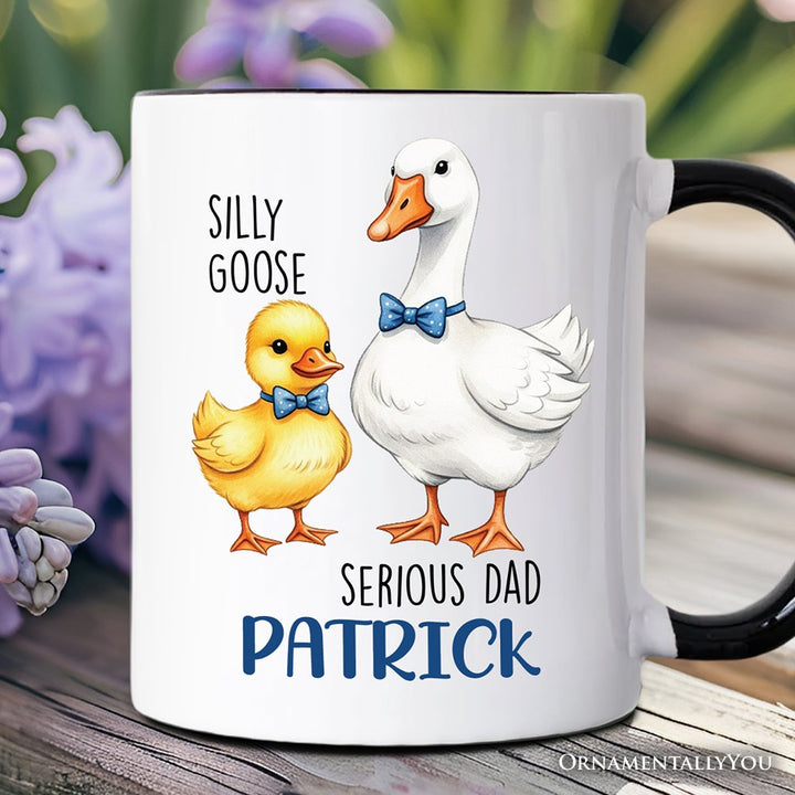 Silly Goose Serious Dad Tie Personalized Mug, Cute Duo Fathers Gift with Custom Name Personalized Ceramic Mug OrnamentallyYou Black Handle Customized 