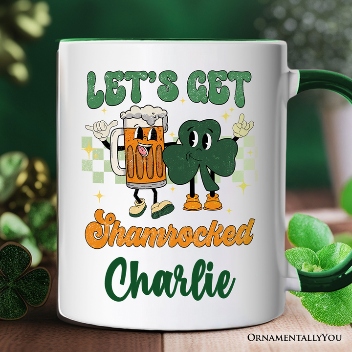 Let’s Get Shamrocked St Patrick’s Day Personalized Mug, Funny Beer and Clover Drinking Gift with Custom Name