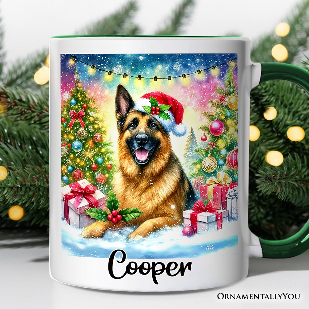 Festive German Shepherd with Santa Hat Personalized Mug, Joyful Christmas Gift with Custom Name Personalized Ceramic Mug OrnamentallyYou White - Green Customized 