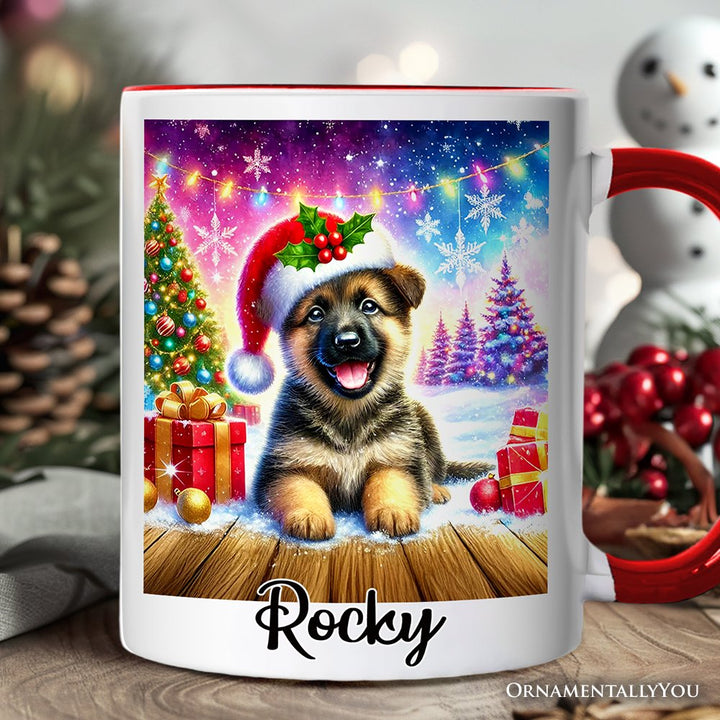 Snowy German Shepherd Puppy Personalized Mug, Heartwarming Christmas Gift with Custom Name Personalized Ceramic Mug OrnamentallyYou White - Red Customized 