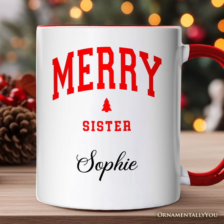 Merry Sister Retro Christmas Personalized Mug, Matching Family Holiday Gift with Custom Name