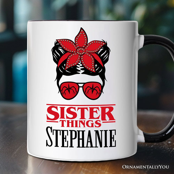Sister Things Messy Bun Retro Personalized Mug, Red Bandana Glasses Family Matching Gift with Custom Name Personalized Ceramic Mug OrnamentallyYou Black Handle Customized 