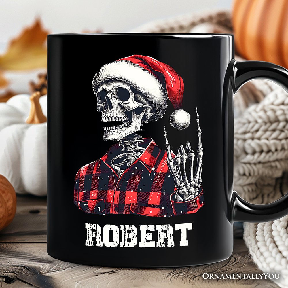 Buffalo Plaid Christmas Skeleton Personalized Mug, Brutal Guys Gift with Custom Name Personalized Ceramic Mug OrnamentallyYou Black Customized 