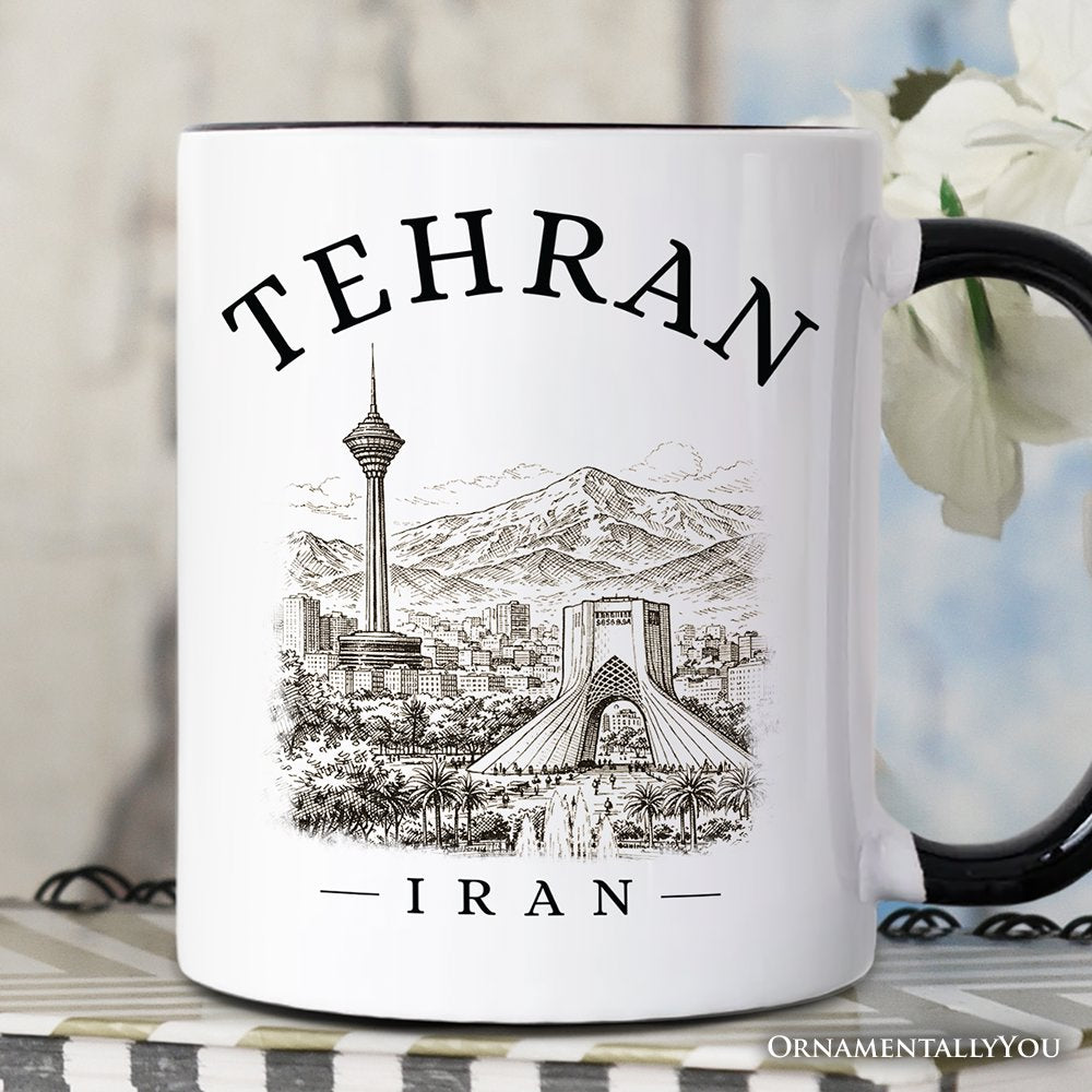 Hand-sketch Tehran Cityscape Mug, Iran Landmarks Azadi and Milad Tower Gift Personalized Ceramic Mug OrnamentallyYou Black Handle Non-Custom 