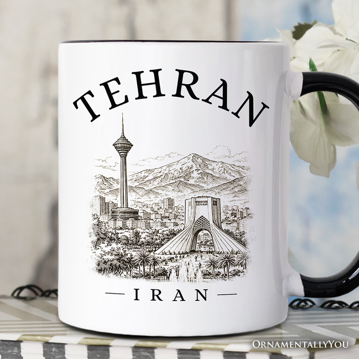Hand-sketch Tehran Cityscape Mug, Iran Landmarks Azadi and Milad Tower Gift