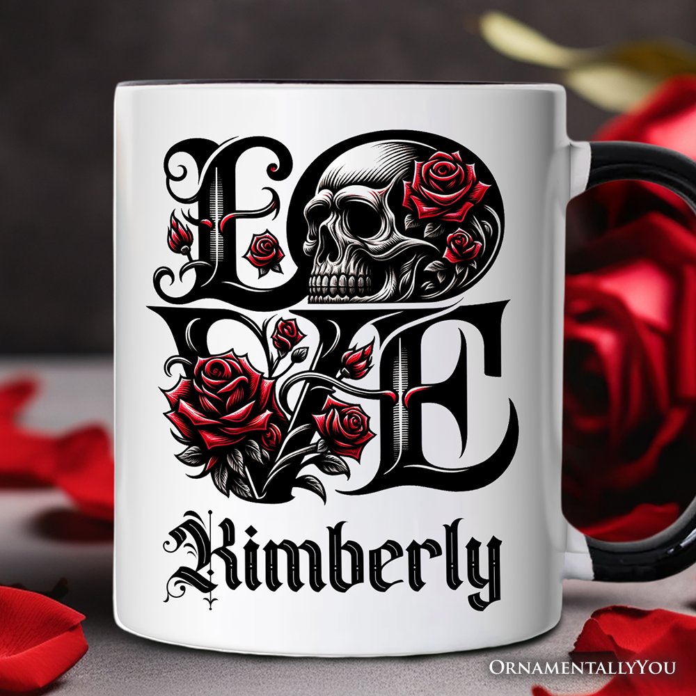 Gothic Love Skull Roses Personalized Mug, Dark Valentine Romance Gift with Custom Name Personalized Ceramic Mug OrnamentallyYou White - Black Customized 
