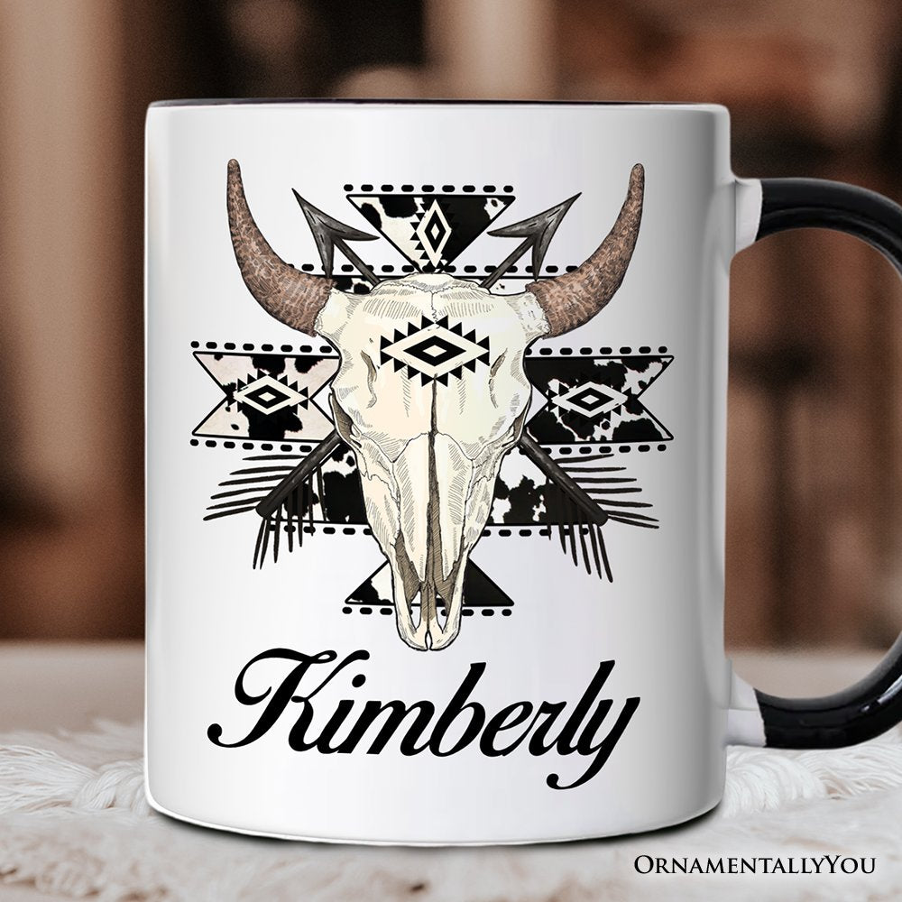 Aztec Tribal Bull Skull Personalized Mug, Western Boho Gift with Custom Name Personalized Ceramic Mug OrnamentallyYou Black Handle Customized 