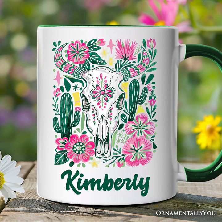 Western Floral Cow Skull Personalized Mug, Boho Cowgirl Wildflower Cactus Gift with Custom Name Personalized Ceramic Mug OrnamentallyYou Green Handle Customized 