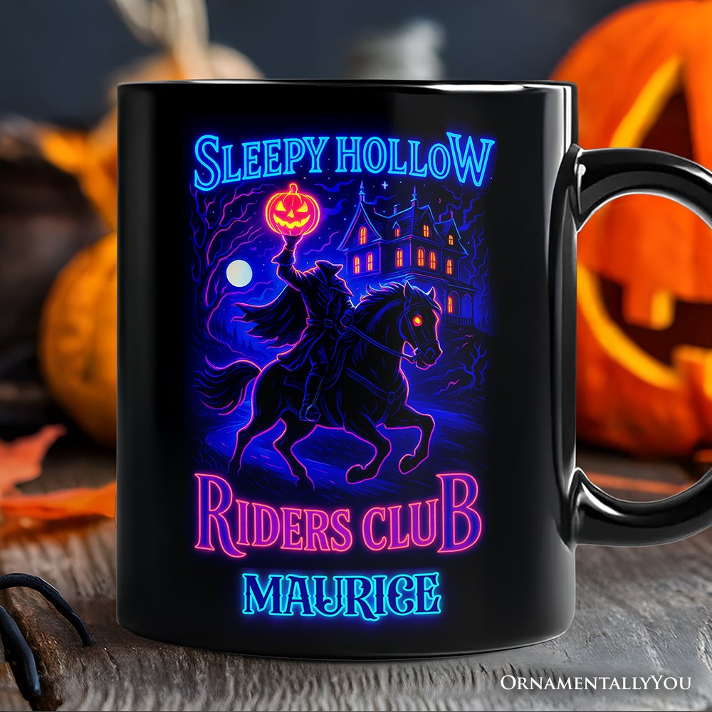 Sleepy Hollow Headless Horseman Personalized Mug, Neon Effect Halloween Gift with Custom Name Personalized Ceramic Mug OrnamentallyYou Black Customized 