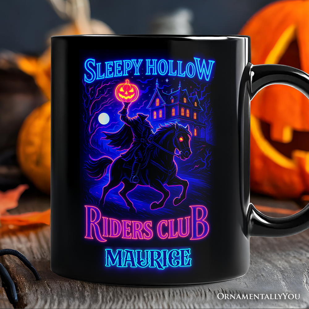 Sleepy Hollow Headless Horseman Personalized Mug, Neon Effect Halloween Gift with Custom Name