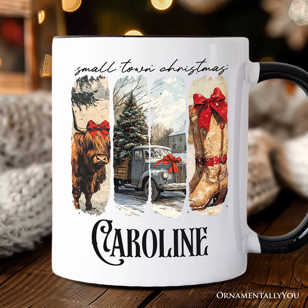 Small Town Christmas Personalized Mug, Highland Cow Rustic Western Cowgirl Holiday Gift with Custom Name Personalized Ceramic Mug OrnamentallyYou White - Black Customized 