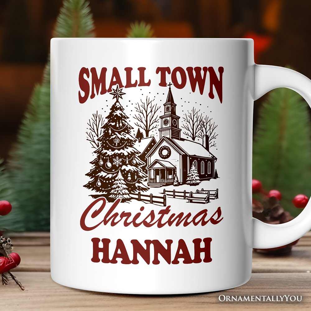 Small Town Christmas Vintage Personalized Mug, Rustic Winter Church Gift with Custom Name Personalized Ceramic Mug OrnamentallyYou White Customized 