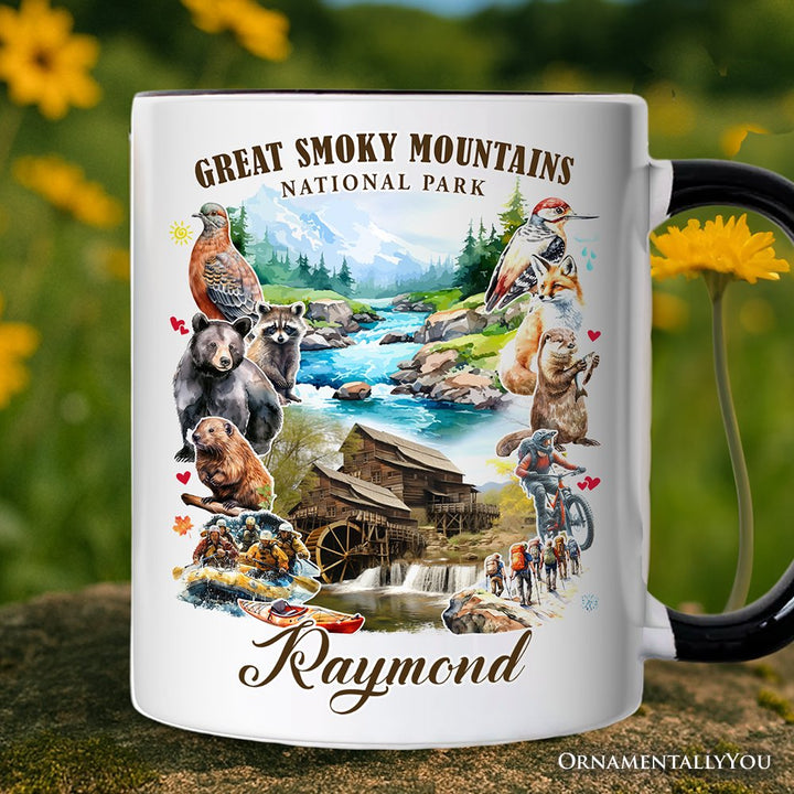 Unique Great Smoky Mountains Handcrafted Nature Personalized Mug, Tennessee and North Carolina National Park Gift with Custom Name Personalized Ceramic Mug OrnamentallyYou White - Black Customized 