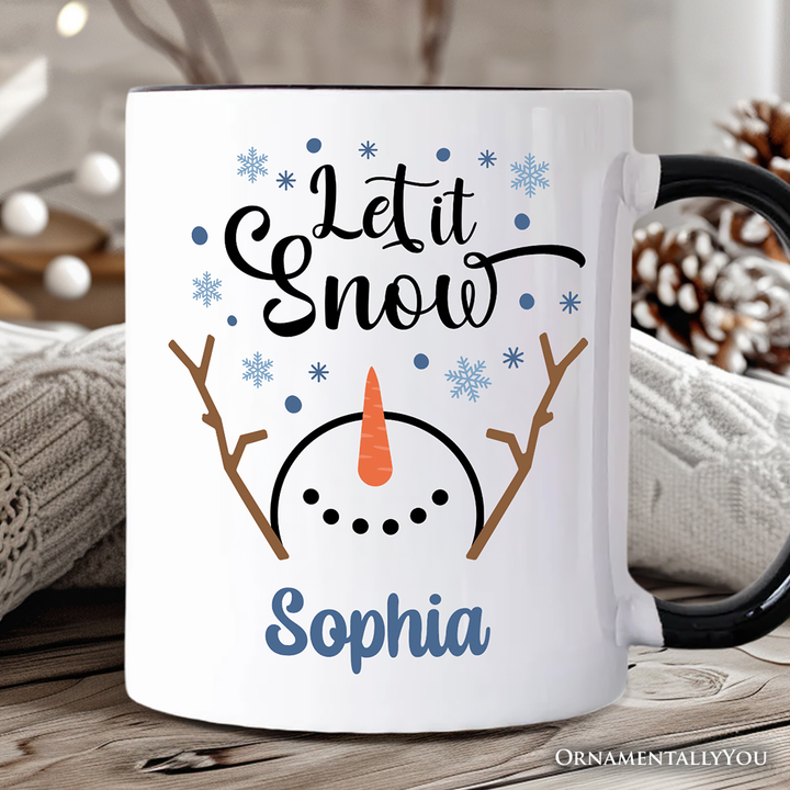 Let It Snow Snowman Personalized Mug, Snowflakes Minimalist Gift with Custom Name