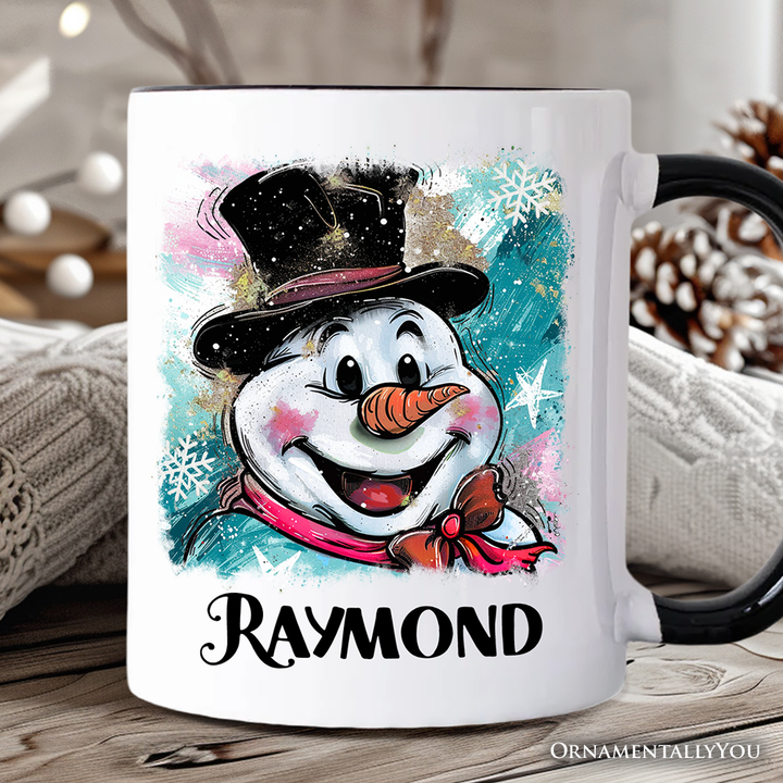 Brushstroke Cute Snowman Personalized Mug, Preppy Merry Christmas Glitter Holiday Gift with Custom Name