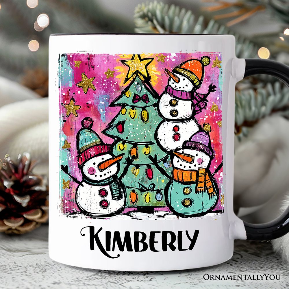 Watercolor Snowmen Christmas Tree Personalized Mug, Vintage Holiday Retro Gift with Custom Name Personalized Ceramic Mug OrnamentallyYou White - Black Customized 