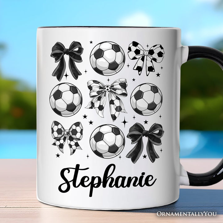 Soccer Balls Coquette Bows Personalized Mug, Sports Mom Tee Gift with Custom Name Personalized Ceramic Mug OrnamentallyYou Black Handle Customized 