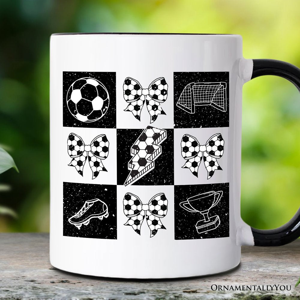 Retro Checkered Soccer Mug, Coquette Bow Game Day Gift Personalized Ceramic Mug OrnamentallyYou Black Handle Non-Custom 