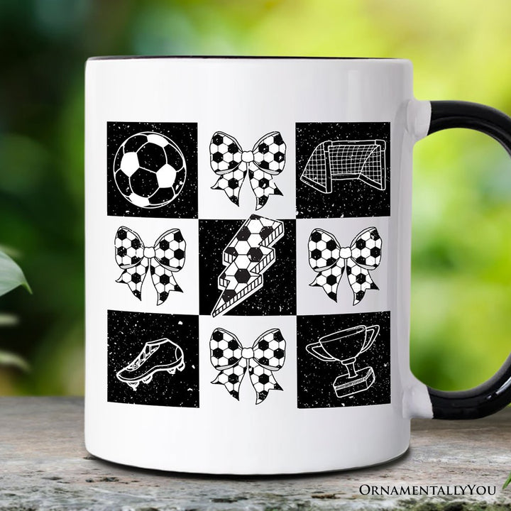 Retro Checkered Soccer Mug, Coquette Bow Game Day Gift Personalized Ceramic Mug OrnamentallyYou Black Handle Non-Custom 