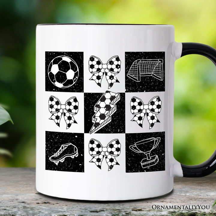 Retro Checkered Soccer Mug, Coquette Bow Game Day Gift