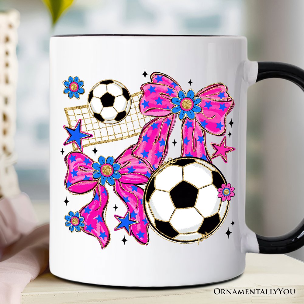 Soccer Coquette Pink Bow Mug, Preppy Game Day Gift Personalized Ceramic Mug OrnamentallyYou Black Handle Non-Custom 