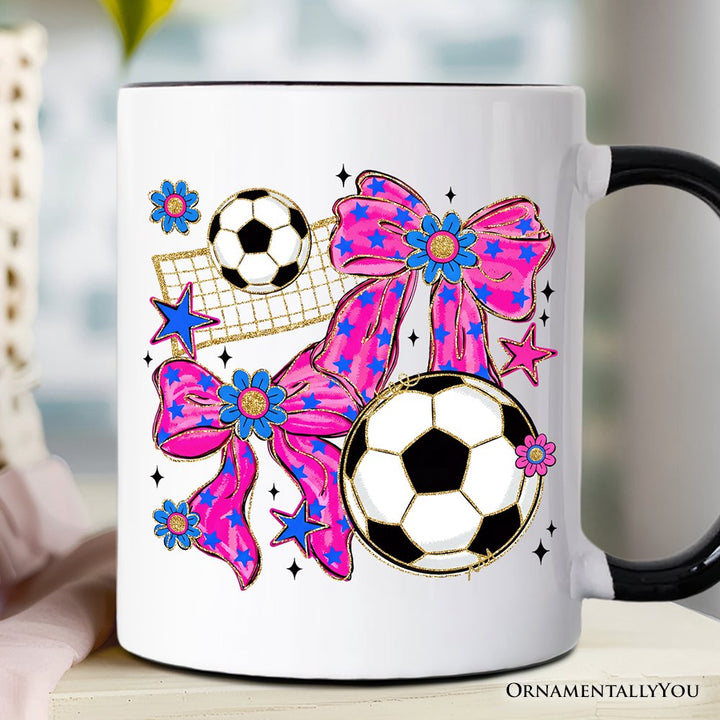 Soccer Coquette Pink Bow Mug, Preppy Game Day Gift Personalized Ceramic Mug OrnamentallyYou Black Handle Non-Custom 