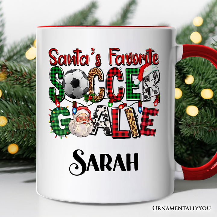 Santa’s Favorite Soccer Goalie Personalized Mug, Plaid Christmas Football Gift with Custom Name