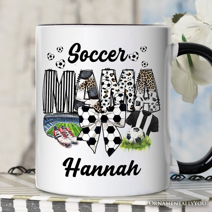 Soccer Mama Coquette Bow Personalized Mug, Game Day Mom Life Gift with Custom Name Personalized Ceramic Mug OrnamentallyYou White - Black Customized 