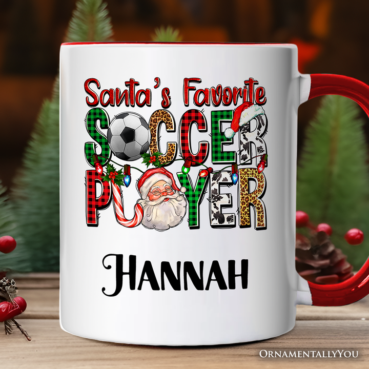 Santa’s Favorite Soccer Player Christmas Plaid Personalized Mug, Football Gift with Custom Name